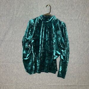 Crushed Velvet High-Neck Long Sleeve Top - Teal Green